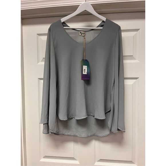 Show Me Your MuMu Gray Sheer V-Neck Wide Sleeve Blouse sz S NWT - Picture 1 of 4